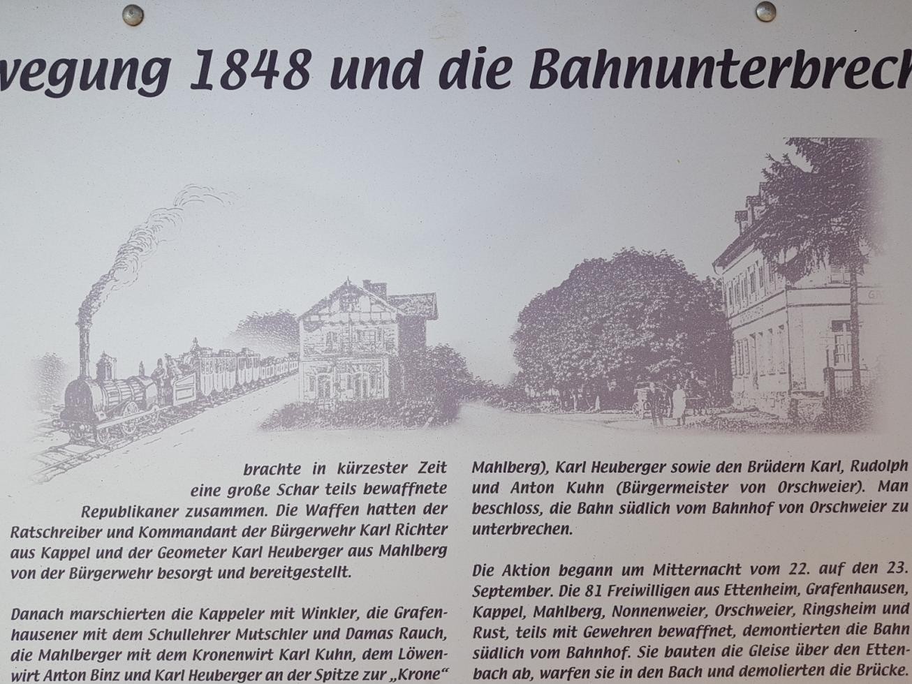 Ausschnitt aus der Infotafel am Bahnhof Orschweier zur Eisenbahnzerstörung im Herbst 1848
