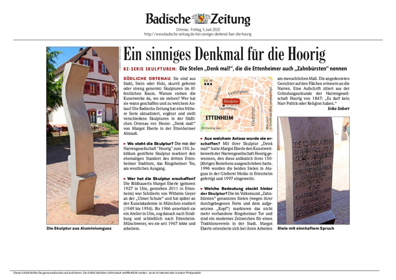 Bericht aus der Badischen Zeitung zur Skulptur
