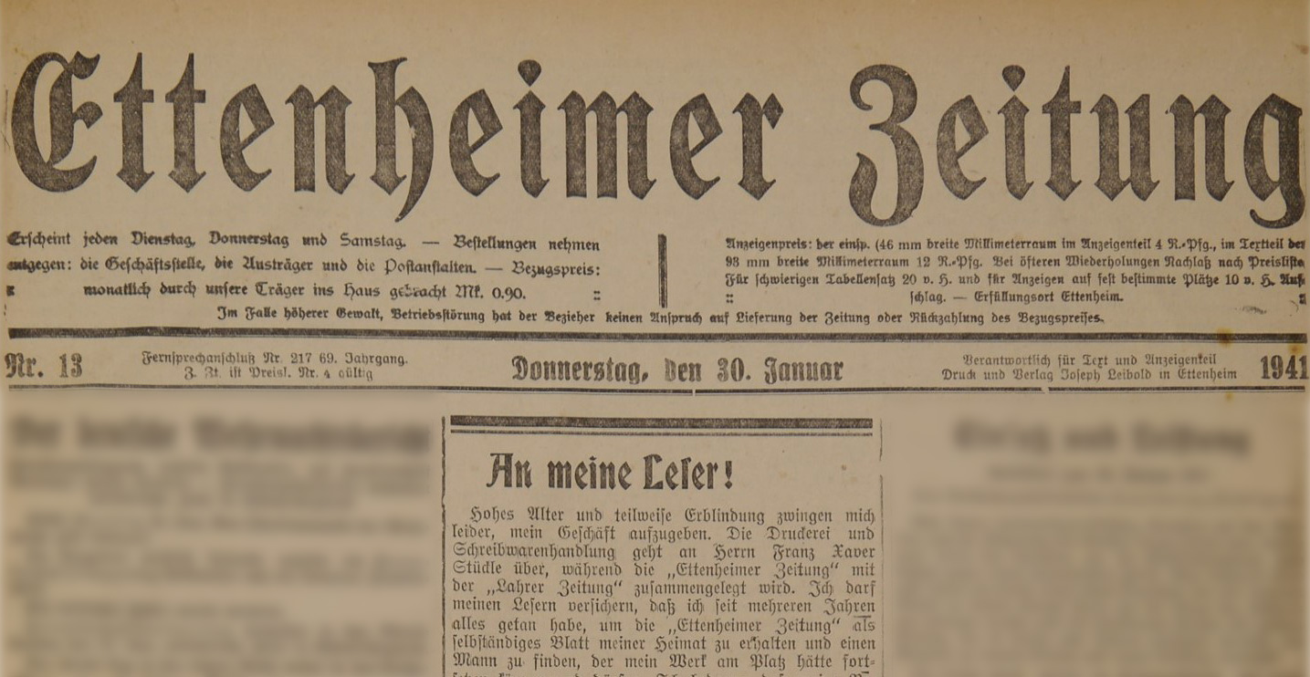 Auszug aus der Titelseite der Ettenheimer Zeitung vom 30.1.1941