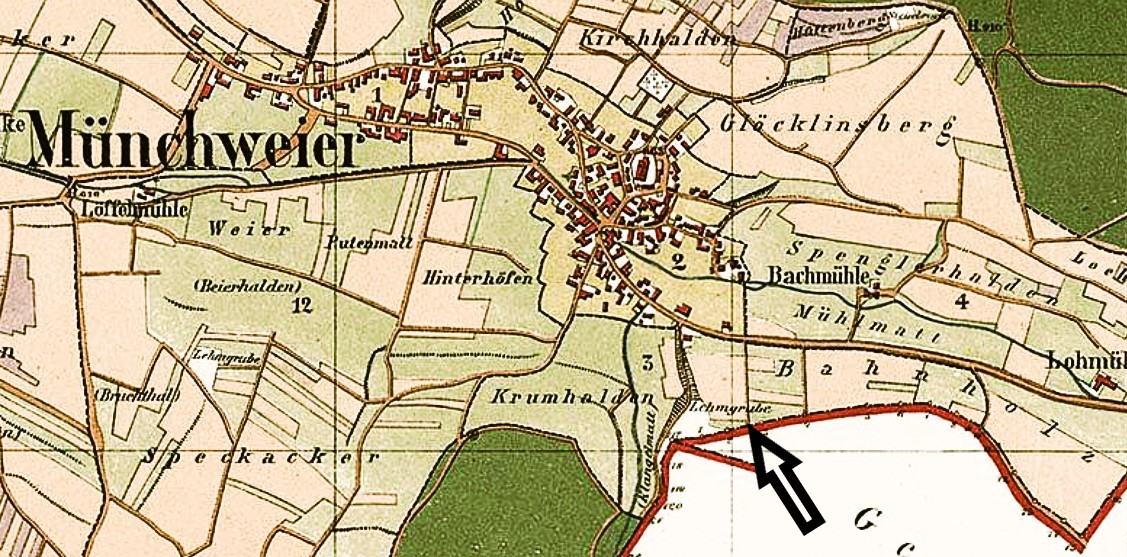 Ausschnitt der Gemarkungskarte Münchweier von 1874 mit der Lehmgrube zwischen Krumhalden und Bahnholz (Generallandesarchiv Karlsruhe H-1 Nr. 1215)