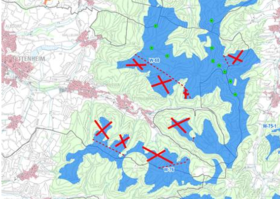Plan Flächenausweisung mit gestrichenen Flächen