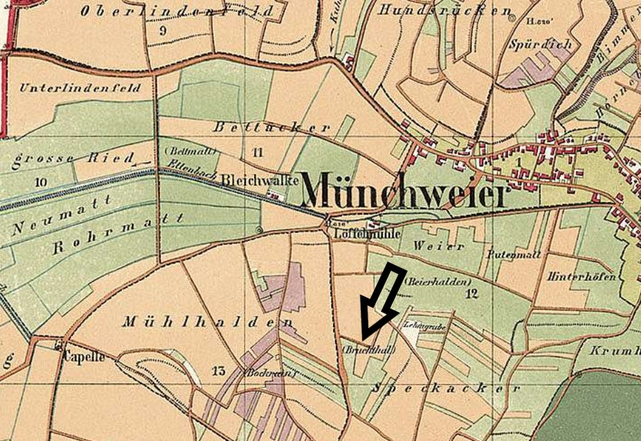Ausschnitt aus dem Gemarkungsplan Münchweier von 1874 mit dem Gewann Speckacker und dem Gebiet "Bruckthal"  (Generallandesarchiv Karlsruhe H-1 Nr. 1215). -oder steht dort „Bruchthal“?