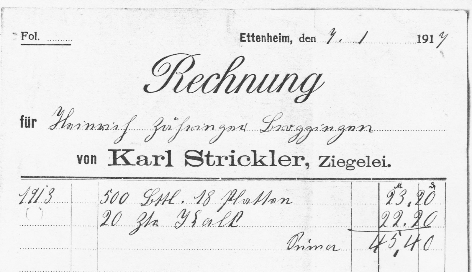Rechnung der Ziegelei Strickler von 1917