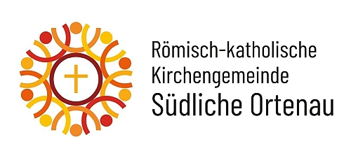 Logo in Gelb- und Rottönen mit Kreuz in der Mitte und Bögen drumherum